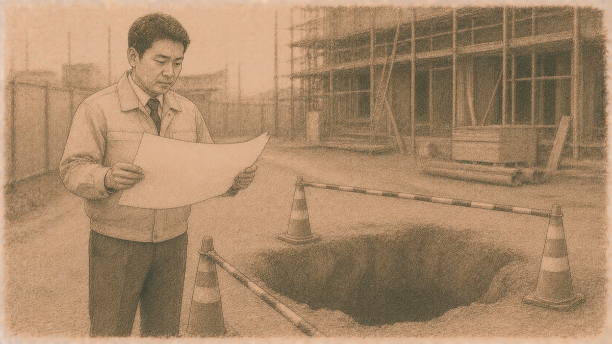 採用の道の落とし穴の手前で地図を確かめる社長のイメージ図