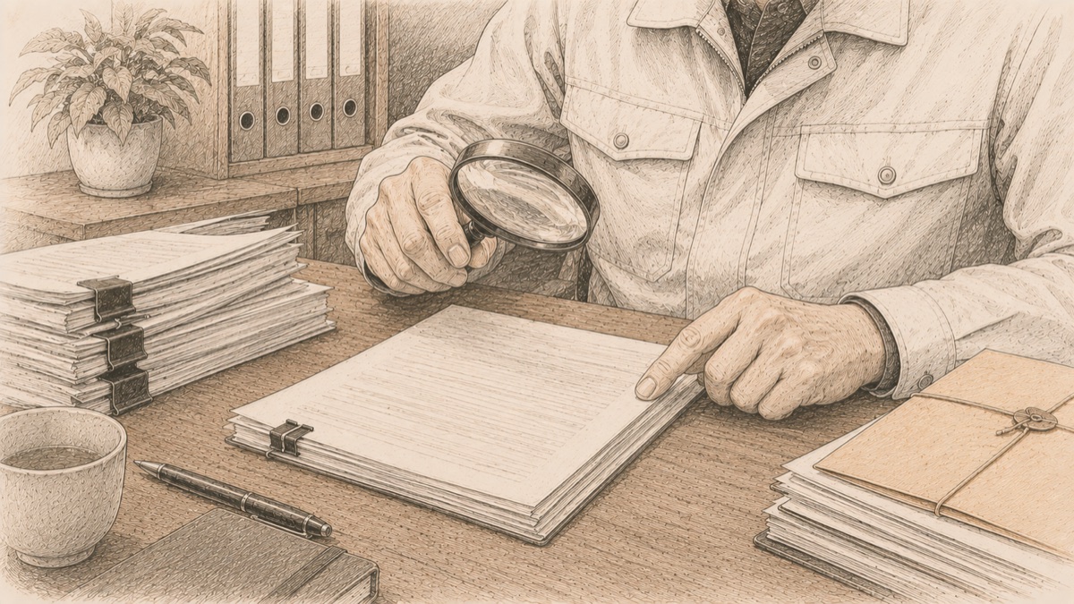 契約書類を虫眼鏡で確かめる社長の手元のイメージ図