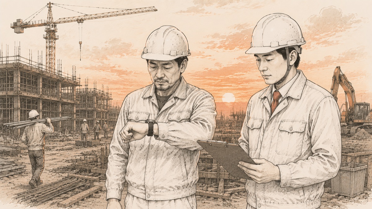 夕暮れの建設現場で労働時間を気にする職人と社長のイメージ図