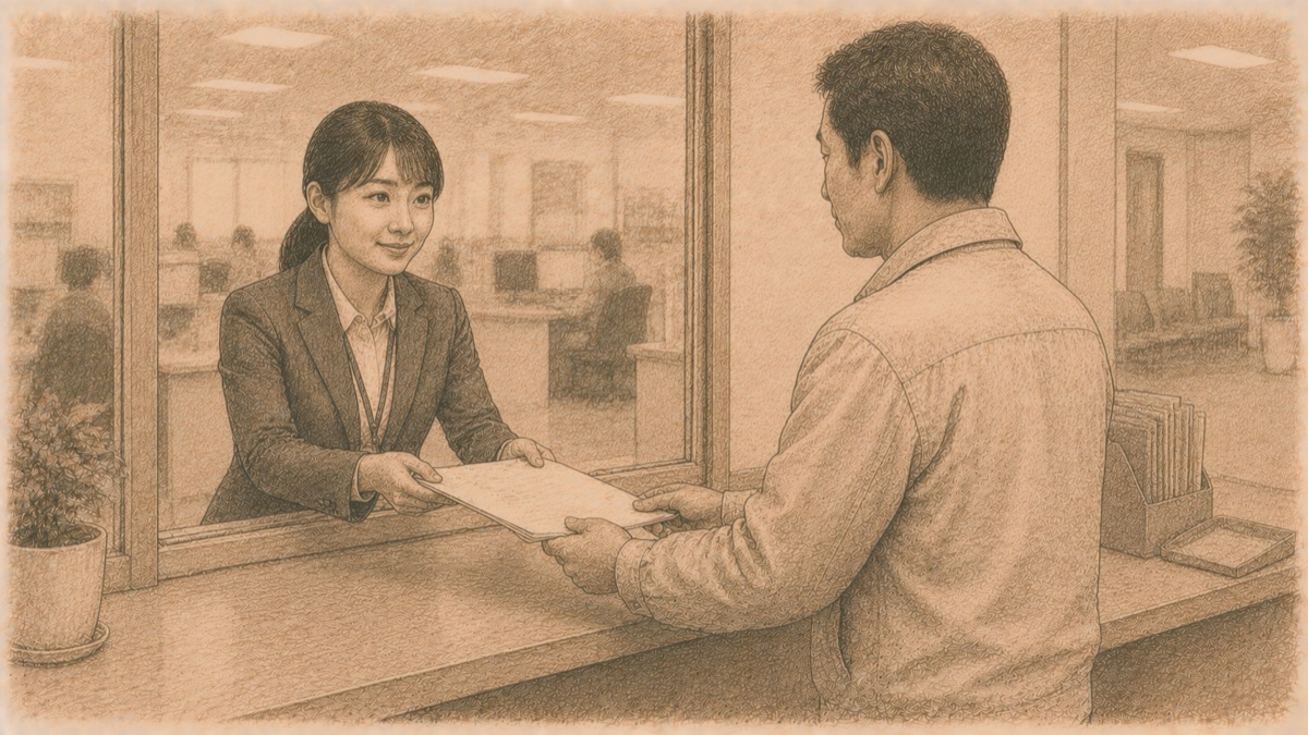 役所の窓口で届出書類を提出する社長のイメージ図
