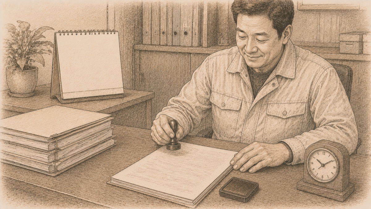 カレンダーと時計と協定書類を前に印鑑を持つ社長のイメージ図