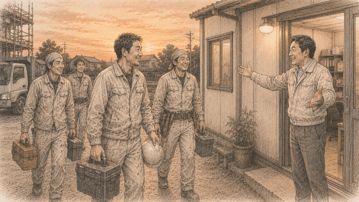 夕方の現場から笑顔で戻る職人たちを社長が迎えるイメージ図