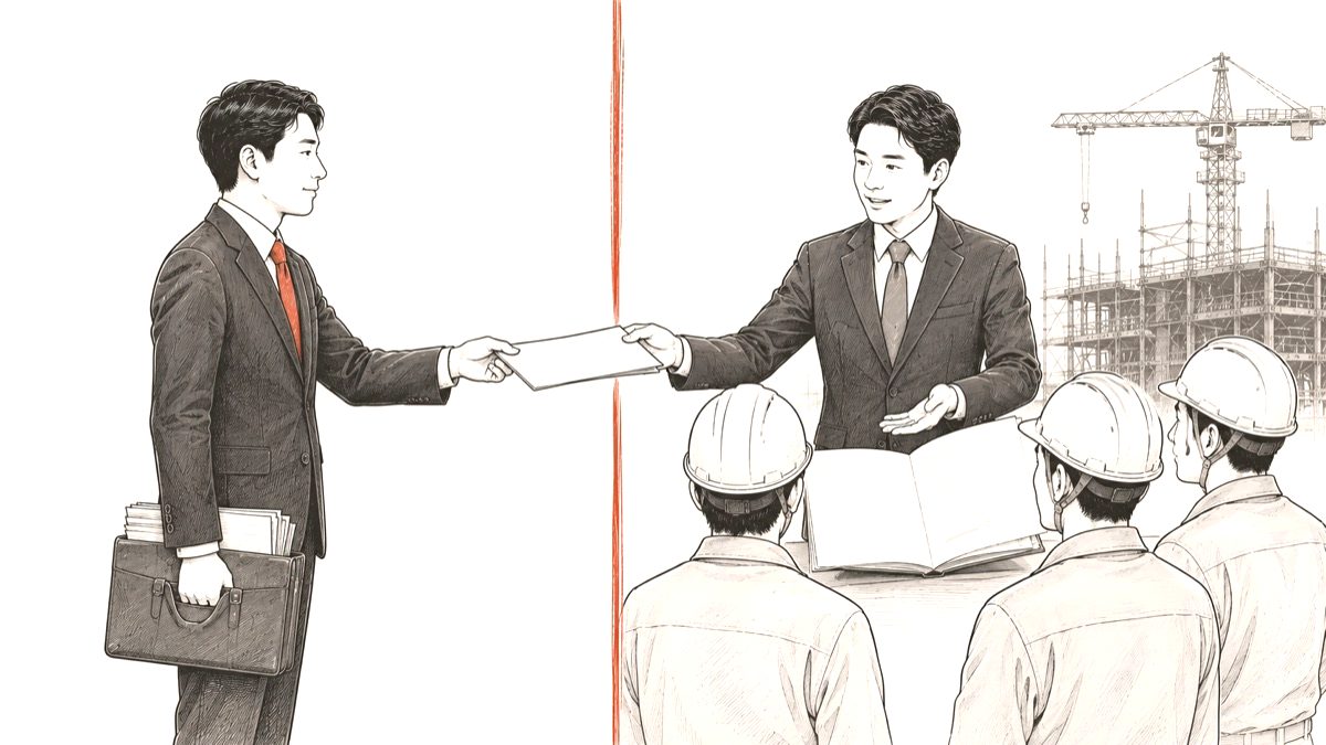 境界線を挟んで役割を分担し、書類を確かに受け渡す2人の専門家のイラスト