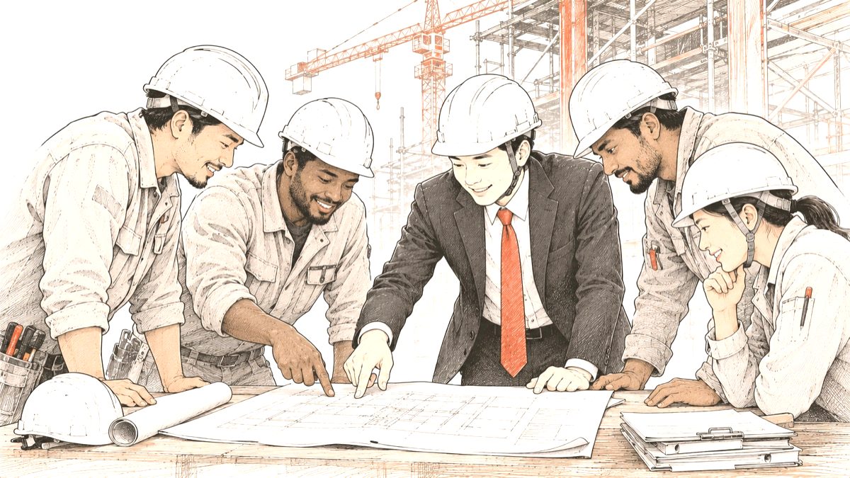 建設現場の内側で多国籍の作業員たちと一緒に図面を囲む日本人専門家のイラスト